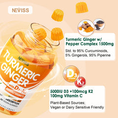 Front label of NEVISS turmeric-ginger gummies emphasizing D3 and K2 MK-7.