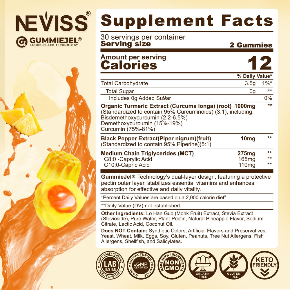 NEVISS Turmeric Gummies bottle-back-label details 95% curcuminoids and MCT.
