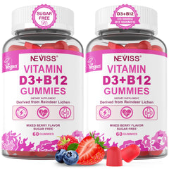 NEVISS D3 B12 gummies bottle front—daily energy support and bone health.