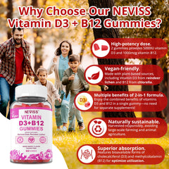 NEVISS D3 B12 gummies nutrition panel—high-potency nutrients at a glance.