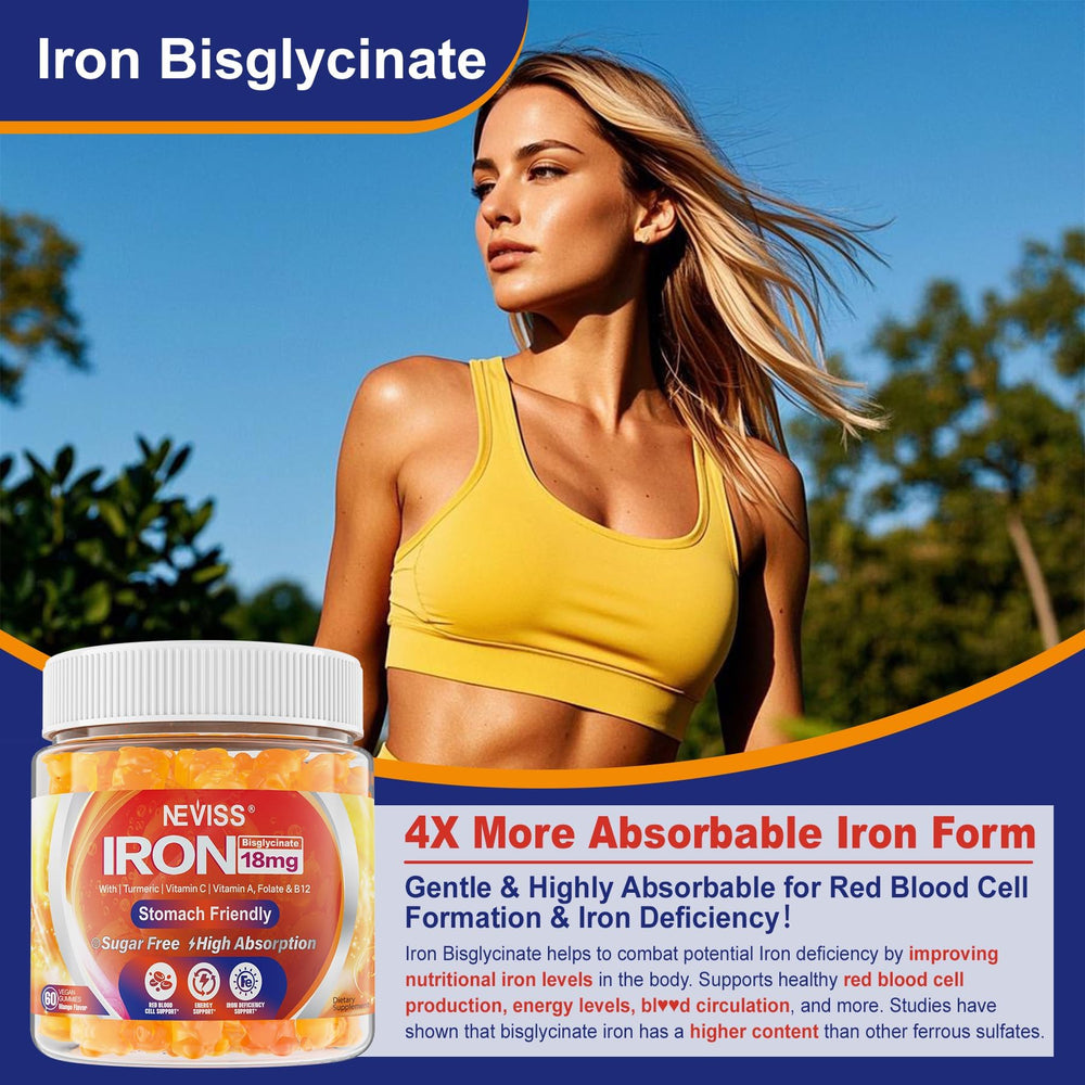 NEVISS vegan iron gummies label graphics highlight ingredients and allergen-free promise.