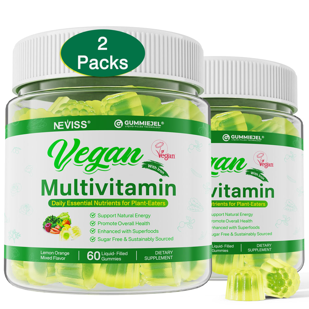 NEVISS vegan multivitamin bottle front highlights plant-based nutrition for daily wellness.