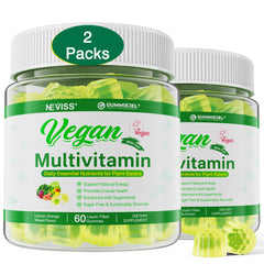 NEVISS vegan multivitamin bottle front highlights plant-based nutrition for daily wellness.