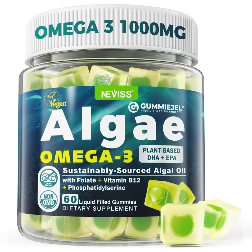 NEVISS Vegan Omega-3 Gummies bottle with no fishy taste and clean label.