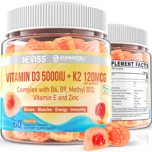 NEVISS Vitamin D3 K2 filled gummies bottle shows peach flavor for daily use