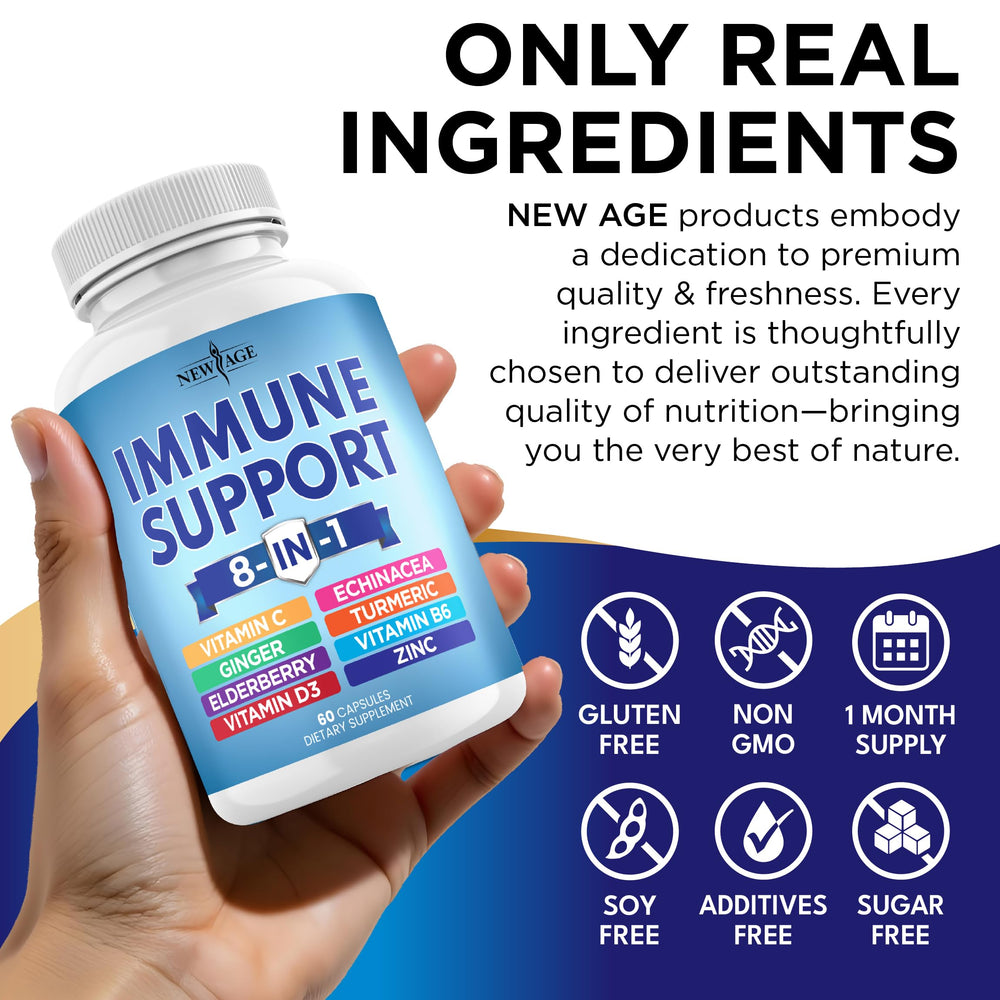 NEW AGE 8-in-1 immune bottle cap closeup emphasizing safety and freshness