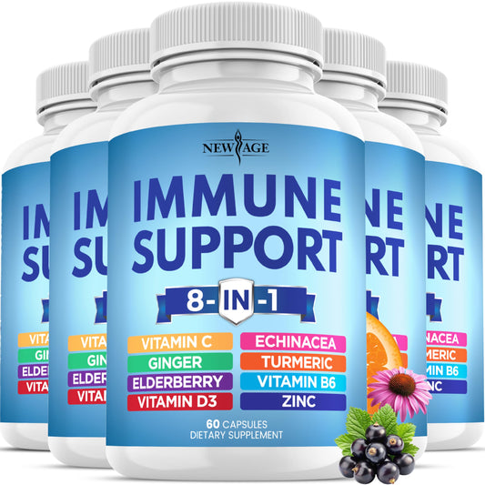 NEW AGE 8 in 1 Immune Support bottle on shelf, ready for daily use