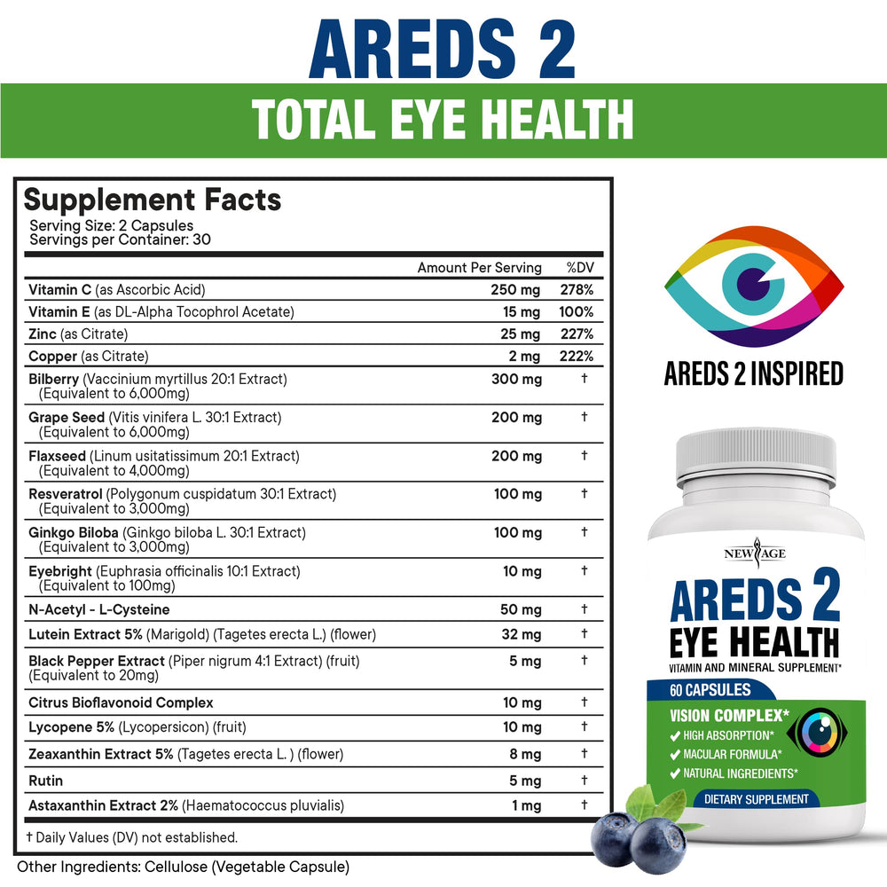 NEW AGE AREDS 2 capsules closeup with capsules visible and vibrant branding.