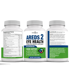 NEW AGE AREDS 2 bottle and label on white background promoting eye wellness.