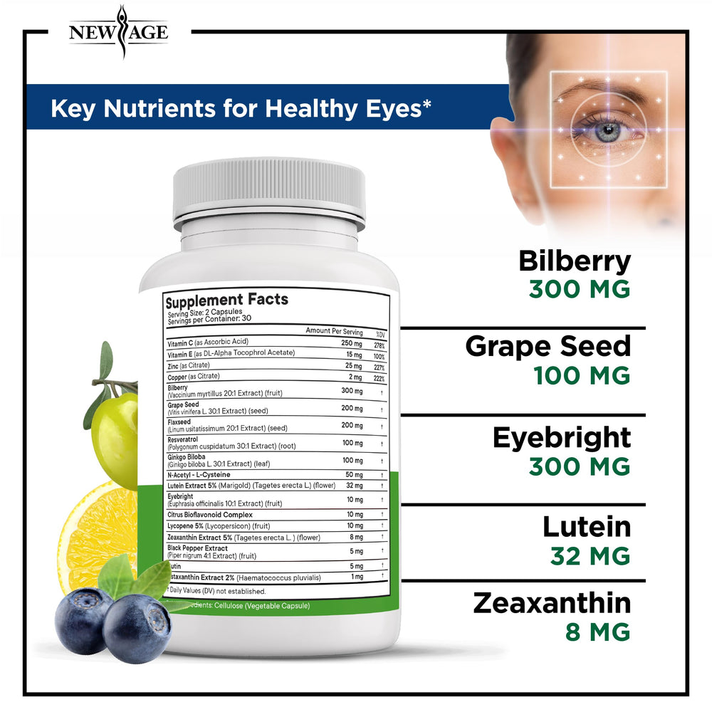 NEW AGE AREDS 2 eye vitamin label highlighting bilberry and grape seed ingredients.