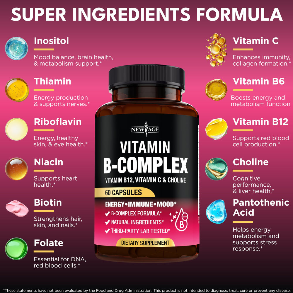 NEW AGE B Complex label closeup highlights vitamins for balanced wellness