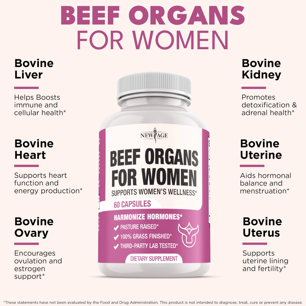 NEW AGE capsules highlight nutrients from grass-fed beef organs for balanced daily nutrition.
