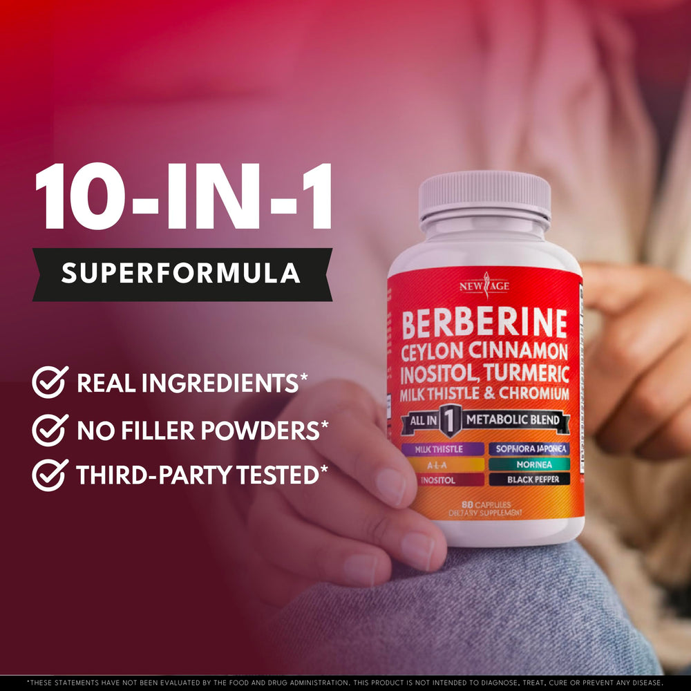 NEW AGE berberine-cinnamon bottle in hand for everyday routine