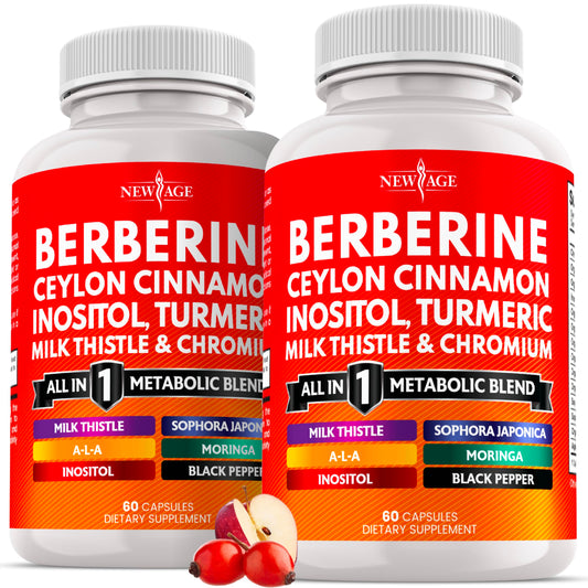 NEW AGE berberine-cinnamon bottle shown for daily wellness on the go