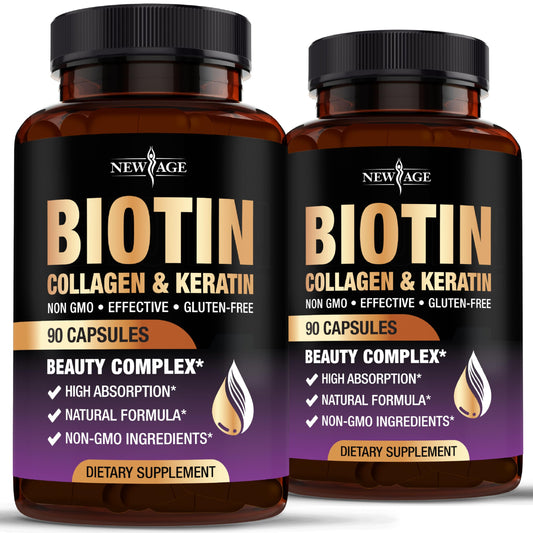 NEW AGE Biotin Collagen Keratin Hyaluronic Acid bottle for hair health and vitality.