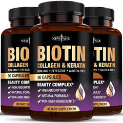 NEW AGE biotin-collagen-keratin-hyaluronic-acid bottle for daily hair and skin support.