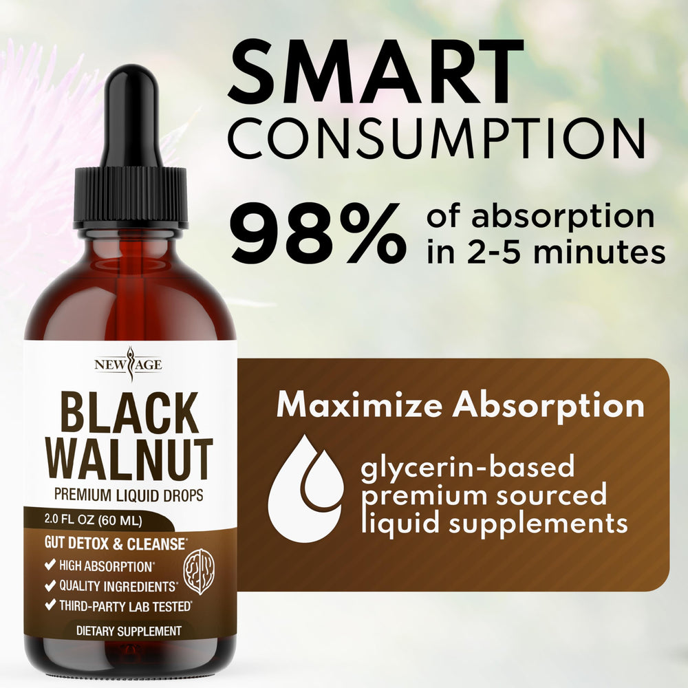 NEW AGE Black Walnut Liquid Drops glass bottle highlights purity and trust
