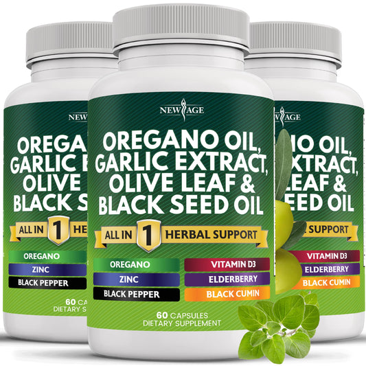 NEW AGE oregano oil garlic extract bottle pour supports daily wellness routine