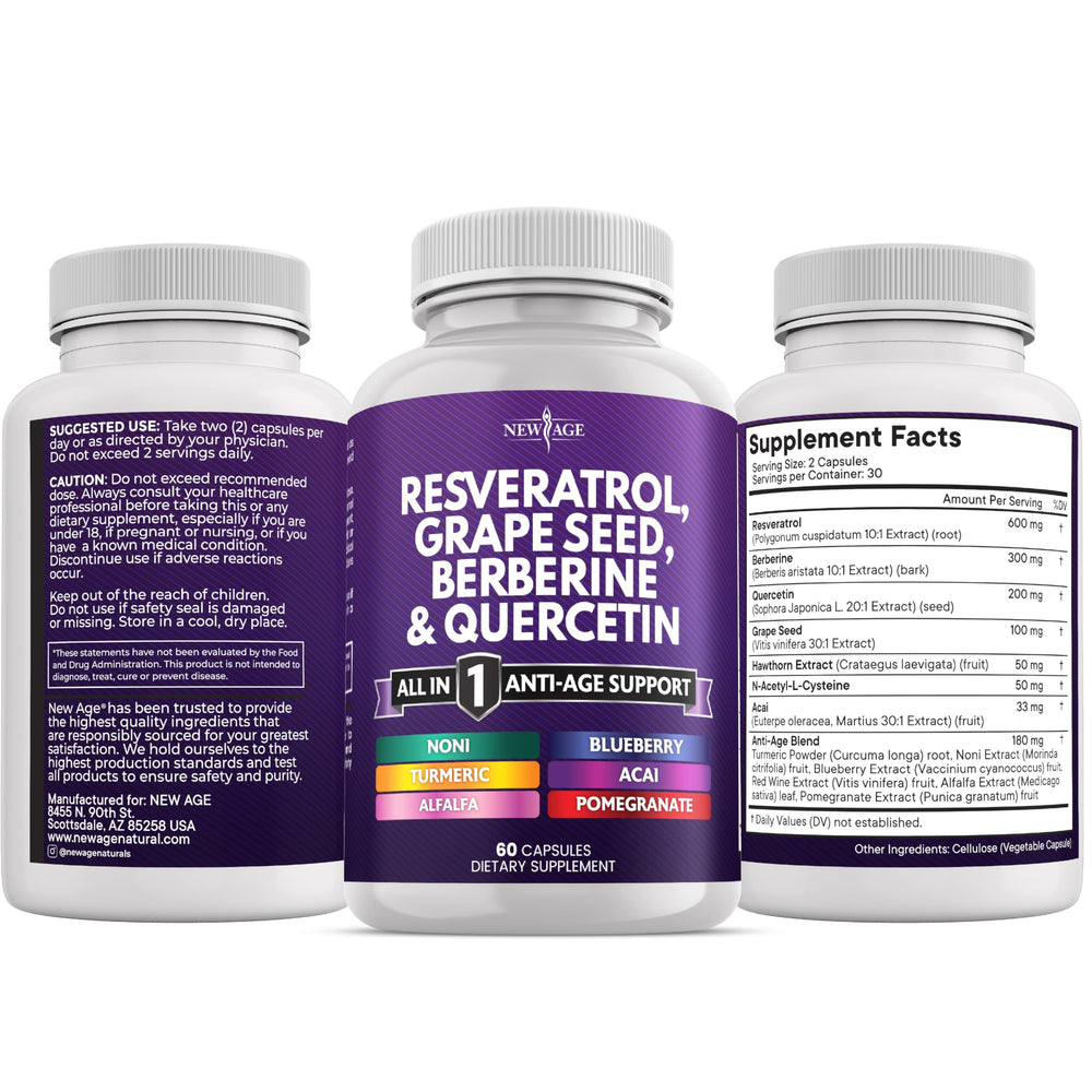 NEW AGE Capsules spilled beside a bottle for convenient supplementation.