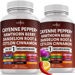 NEW AGE Cayenne Pepper Capsules bottle on counter suggesting daily wellness support.