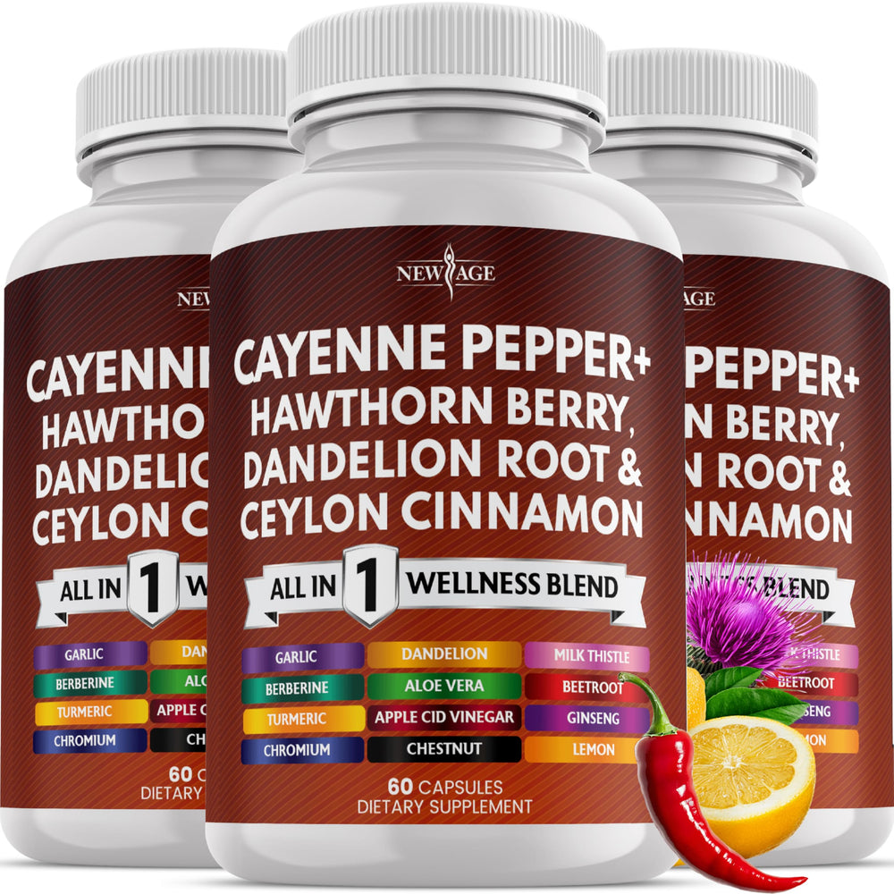 NEW AGE Cayenne Pepper Capsules bottle shows hawthorn berry blend for daily wellness