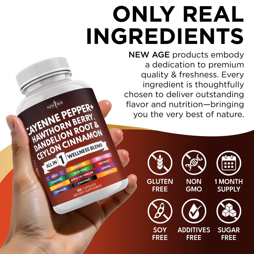 NEW AGE Cayenne Pepper Capsules alongside garlic and ginger imagery