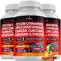 NEW AGE ceylon-cinnamon-turmeric-acv-bottle promotes daily wellness in a complete 14-in-1 blend.