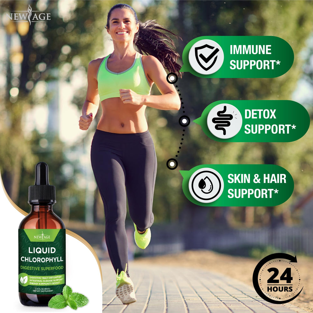 NEW AGE Chlorophyll Liquid Drops in a glass of water delivering a green, drinkable mix.
