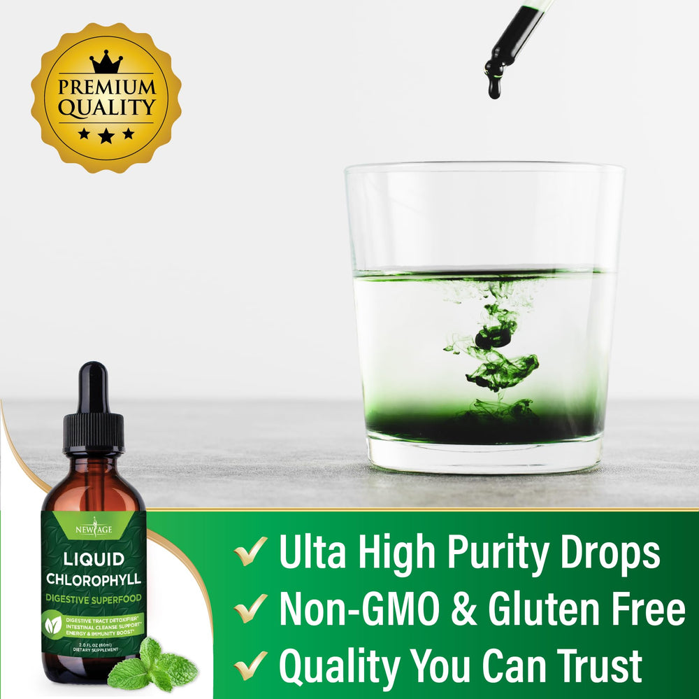 NEW AGE Chlorophyll Liquid Drops 4-pack packaging indicates USA-made production.