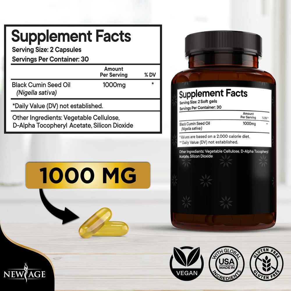 NEW AGE cold-pressed Nigella Sativa capsules closeup for holistic wellness.