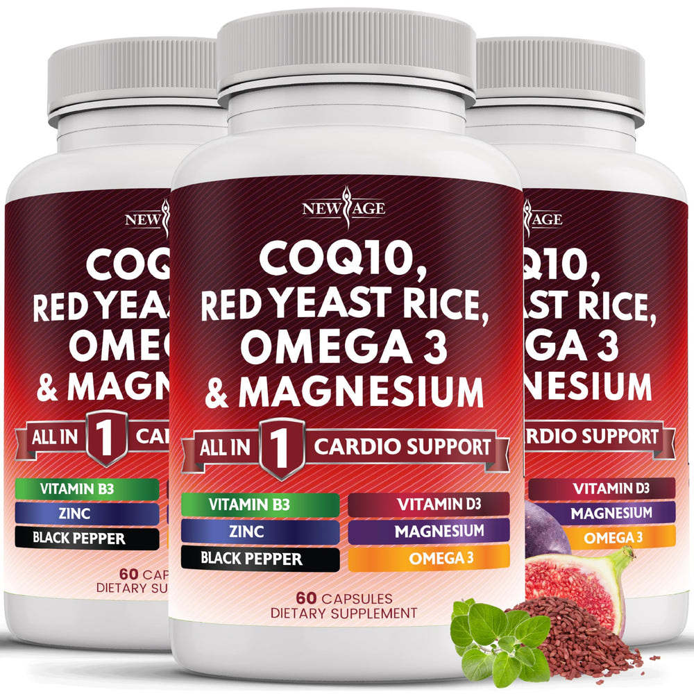 New Age CoQ10 200mg bottle with red yeast rice for daily energy support.