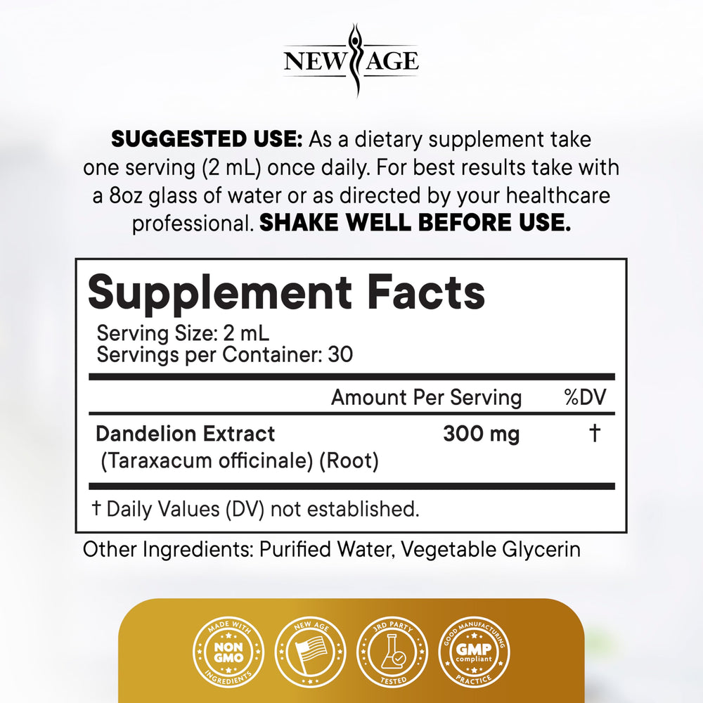 Liquid form of NEW AGE Dandelion Root Extract Drops tastes naturally sweet