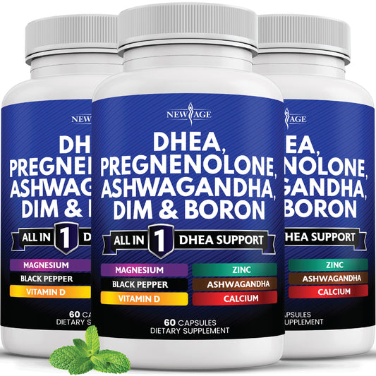 New Age DHEA supplement bottle front view, vegan formula and trust in quality.