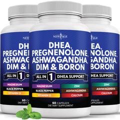 New Age DHEA supplement bottle front view, vegan formula and trust in quality.