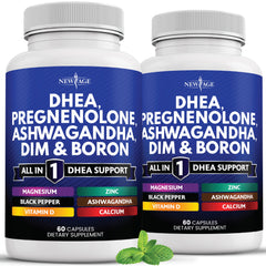 NEW AGE DHEA bottle front with vegan-friendly capsules for everyday wellness