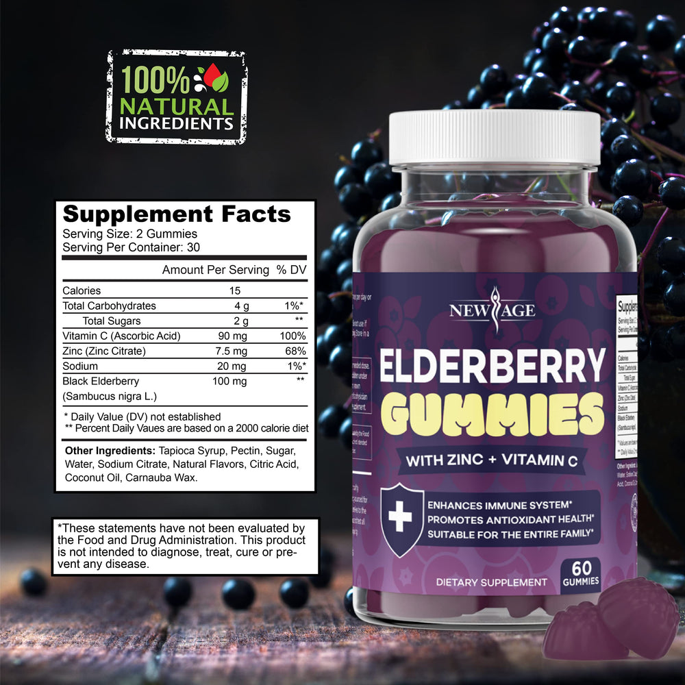 New Age Elderberry Gummies 2-pack packaging highlights gluten-free and vegetarian formula