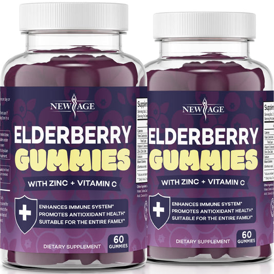 New Age Elderberry Gummies bottle front displaying premium immune support