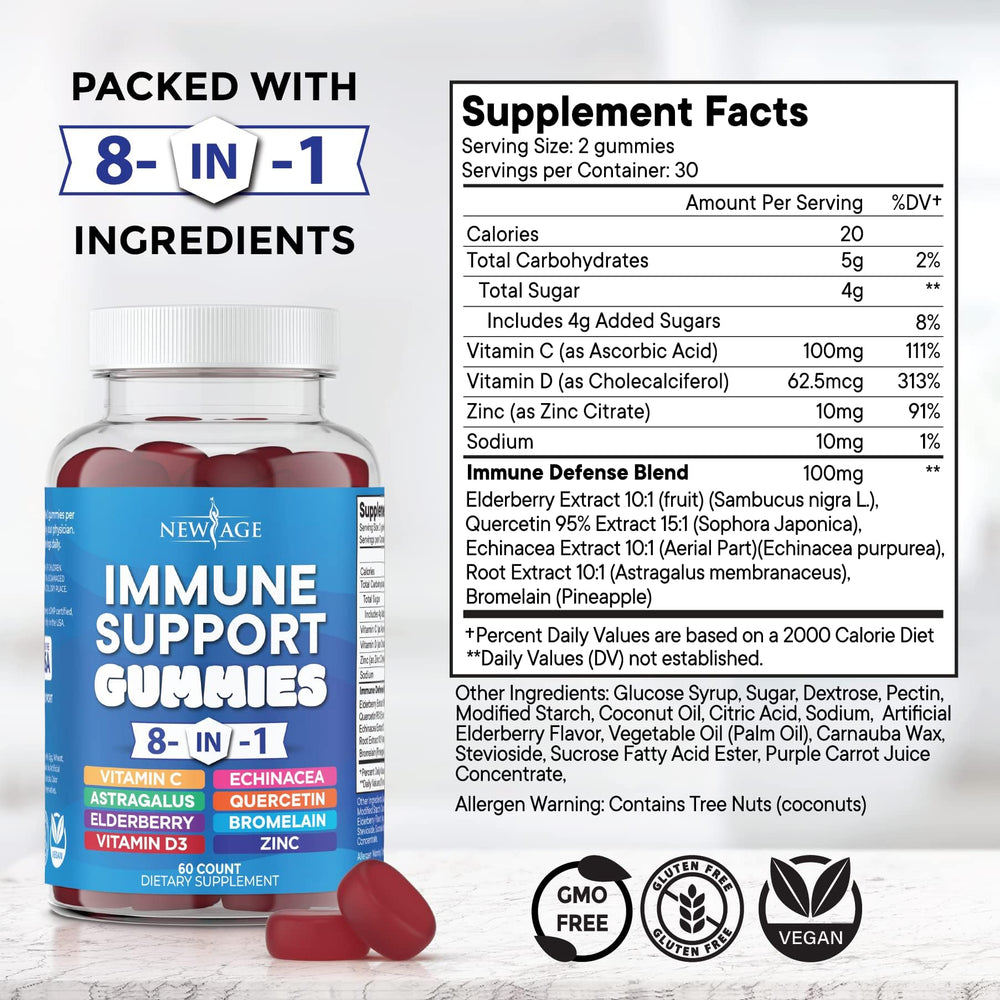 NEW AGE elderberry zinc gummies pack highlights antioxidant blend for everyday vitality.