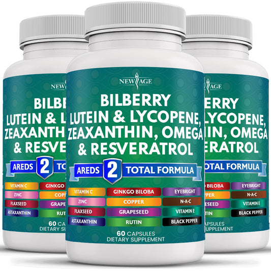New Age Eye Health bottle front displaying label and daily-use capsules for vision support