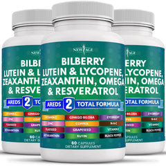 New Age Eye Health bottle front displaying label and daily-use capsules for vision support