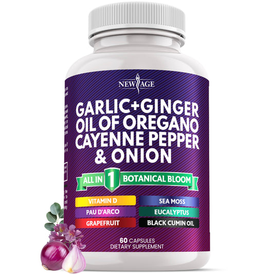 NEW AGE Garlic + Ginger Supplement bottle for daily immune-support routines.