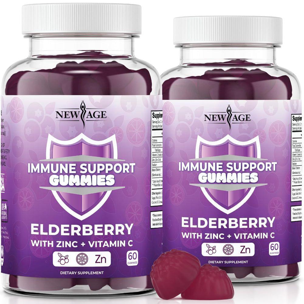 New Age Immune Gummies bottle shows elderberry for daily immune support.