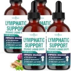 New Age Lymphatic Drainage Drops bottle on white background highlighting the all-in-one formula