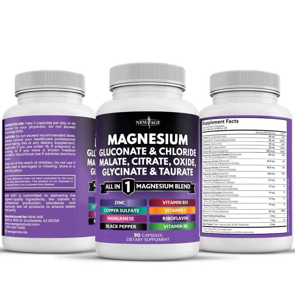 New Age magnesium capsules array illustrating diverse magnesium forms.