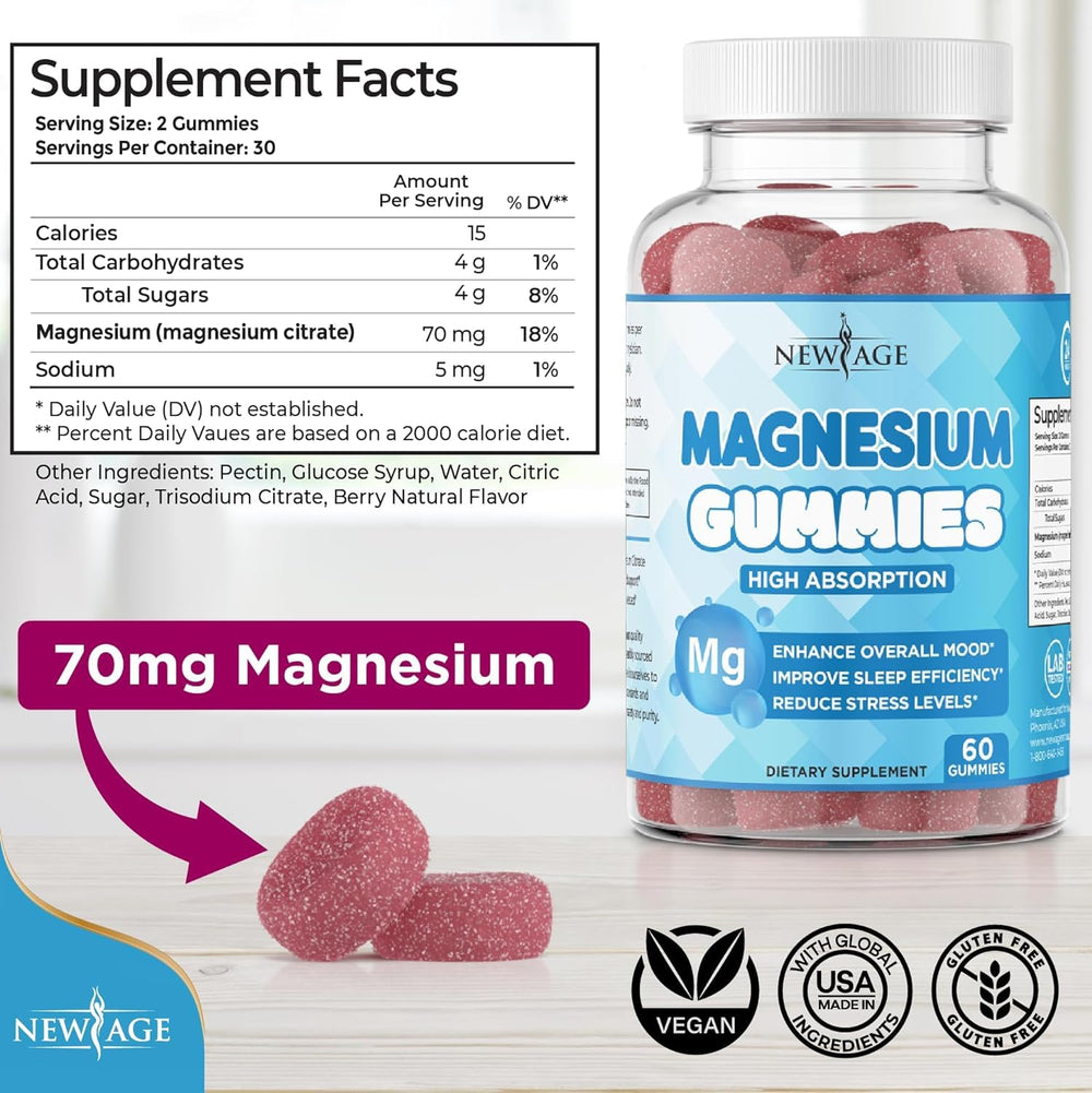 New Age Magnesium Gummies label closeup highlighting purity and third-party testing.