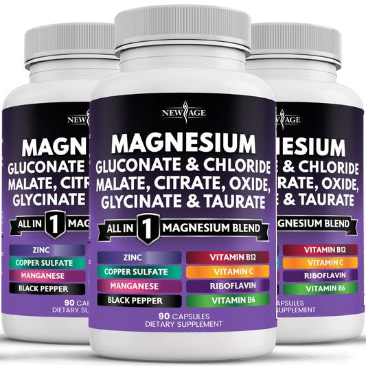 New Age magnesium supplement bottle front promoting daily bone and joint support.