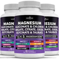 New Age magnesium supplement bottle front promoting daily bone and joint support.