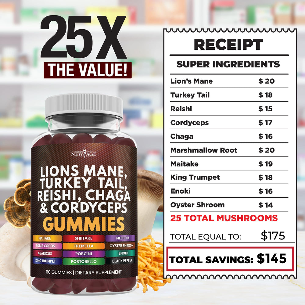 NEW AGE mushroom blend gummies bottle scene suggesting on-the-go wellness.