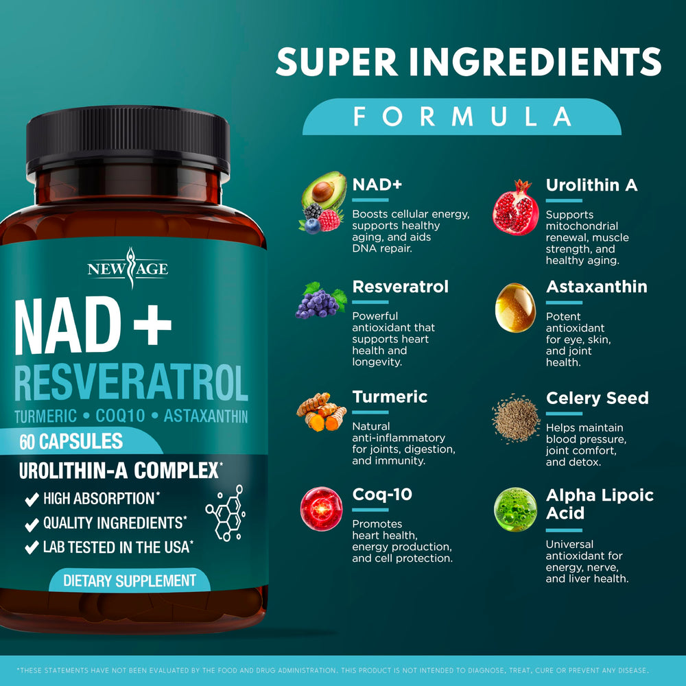 NEW AGE NAD+ capsules on blister pack illustrate convenient two-capsule daily usage.