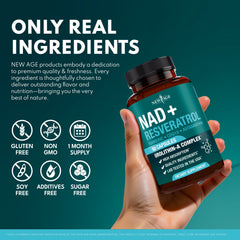 NEW AGE NAD+ bottle with health icon background communicates immune resilience and longevity support.